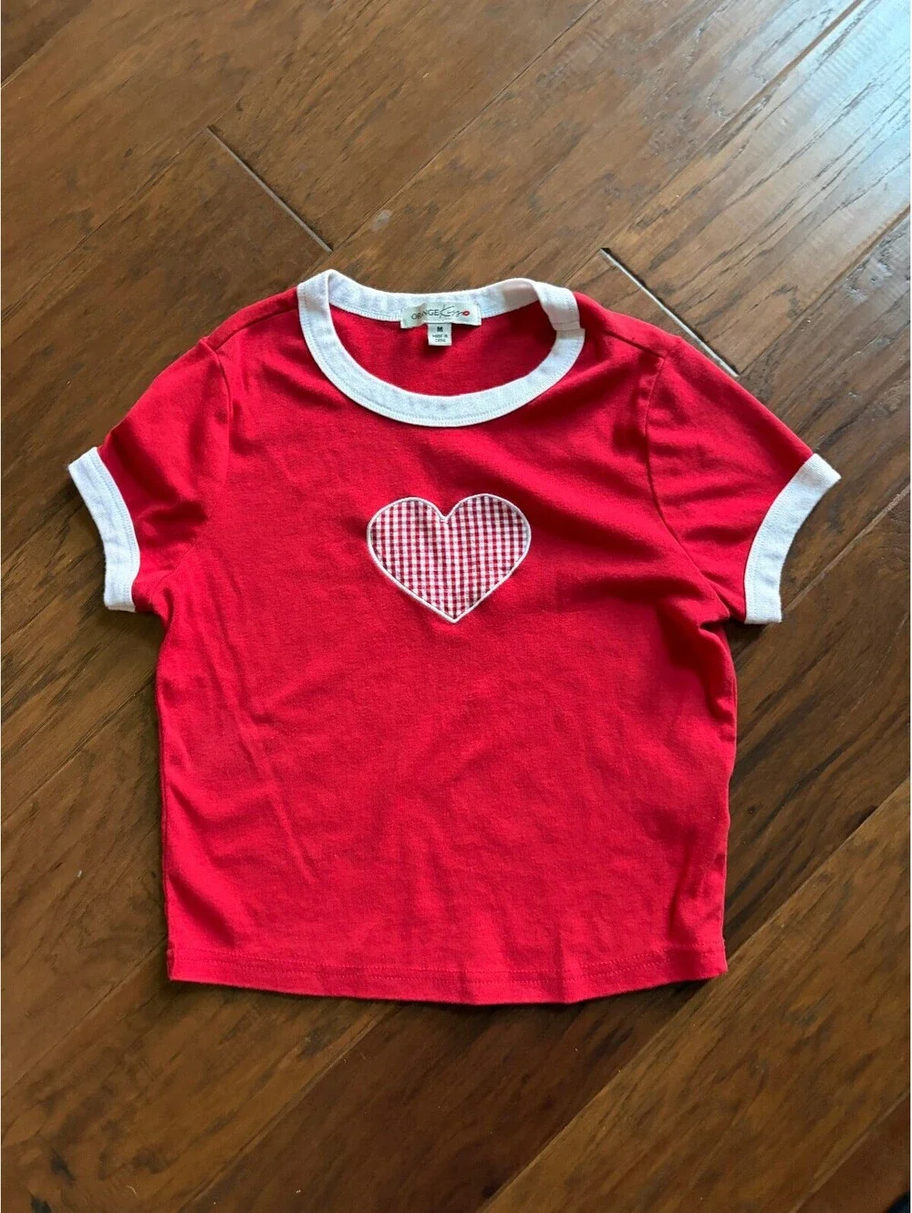 Kids Red Short Sleeve T-Shirt with White Trim and Heart Patch